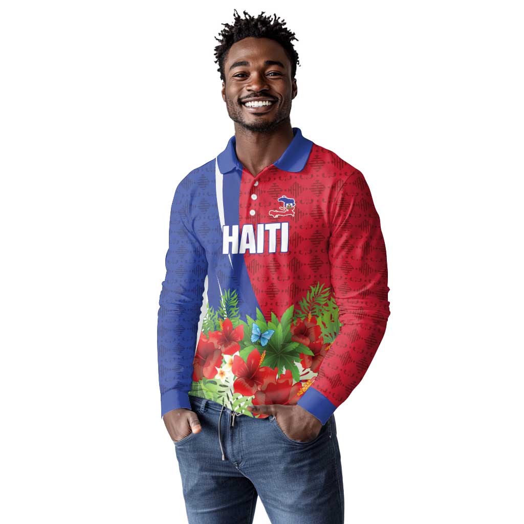 Personalized Afro-Haitians Tropical Long Sleeve Polo Shirt Fleur-De-Lis Veves Motif - Wonder Print Shop