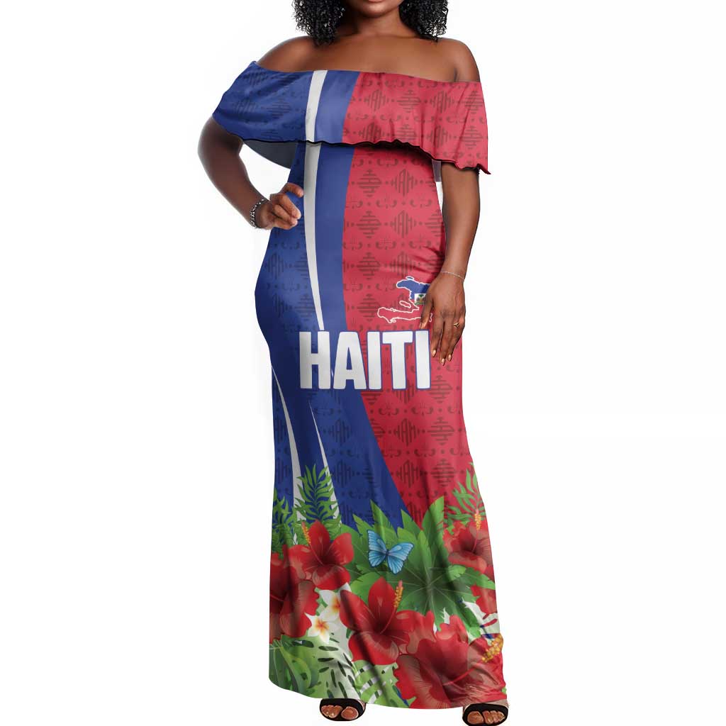 Personalized Afro-Haitians Tropical Off Shoulder Maxi Dress Fleur-De-Lis Veves Motif - Wonder Print Shop