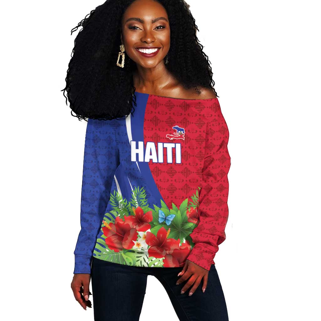 Personalized Afro-Haitians Tropical Off Shoulder Sweater Fleur-De-Lis Veves Motif - Wonder Print Shop