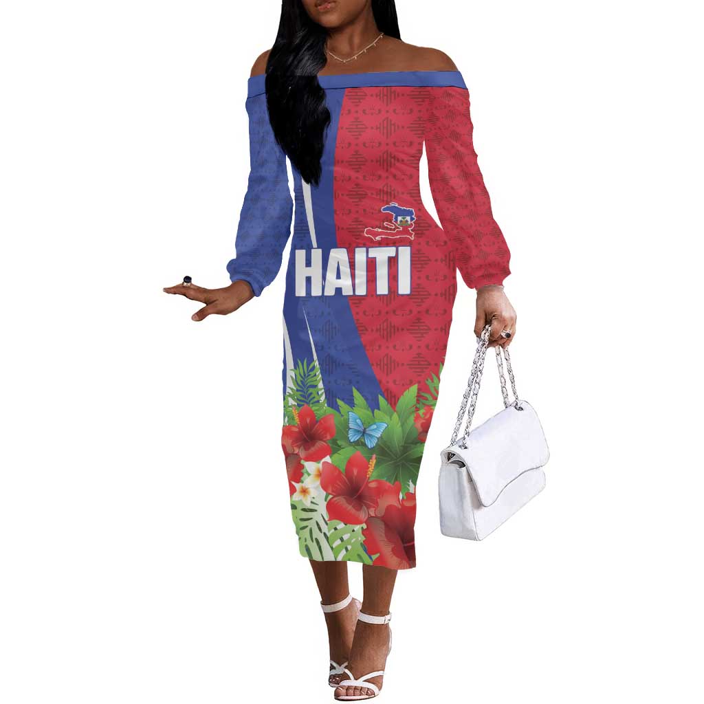 Personalized Afro-Haitians Tropical Off The Shoulder Long Sleeve Dress Fleur-De-Lis Veves Motif - Wonder Print Shop