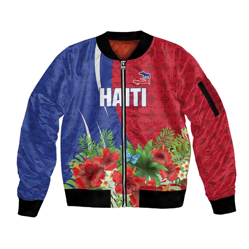 Personalized Afro-Haitians Tropical Sleeve Zip Bomber Jacket Fleur-De-Lis Veves Motif - Wonder Print Shop