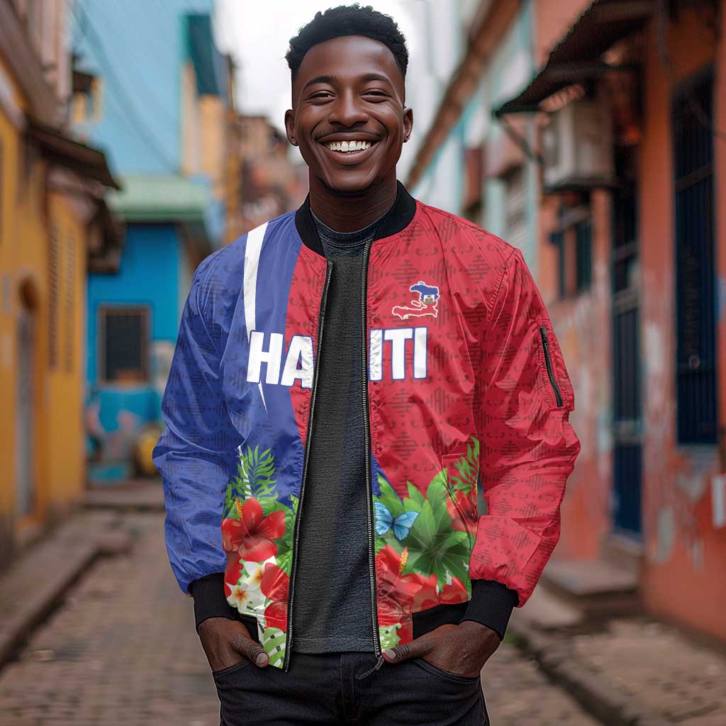 Personalized Afro-Haitians Tropical Sleeve Zip Bomber Jacket Fleur-De-Lis Veves Motif - Wonder Print Shop