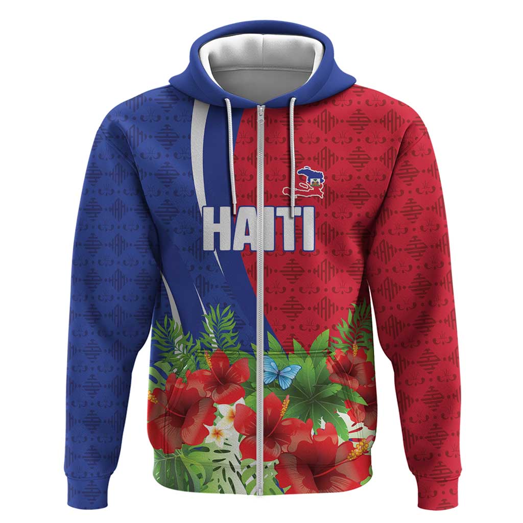 Personalized Afro-Haitians Tropical Zip Hoodie Fleur-De-Lis Veves Motif - Wonder Print Shop