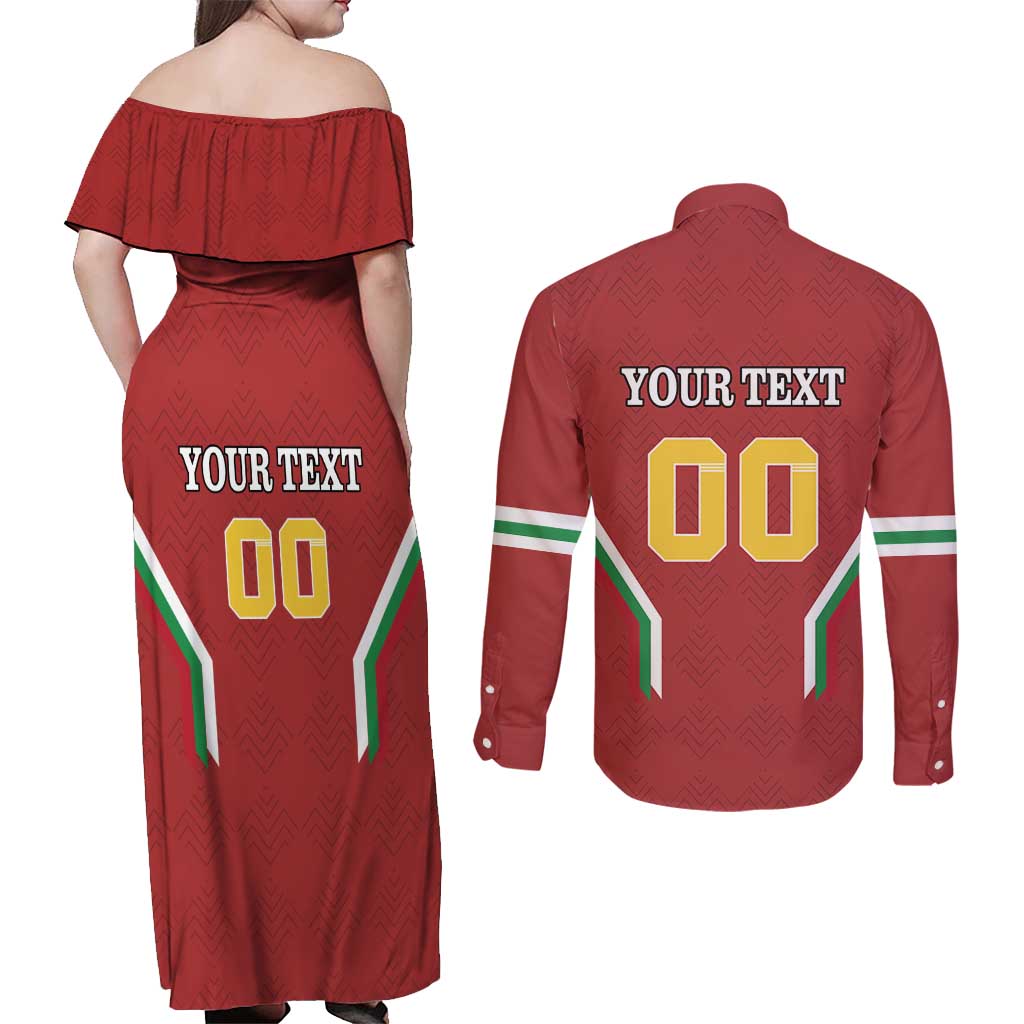 Custom Bulgaria Football Couples Matching Off Shoulder Maxi Dress and Long Sleeve Button Shirt The Lions Come Champions Red Version
