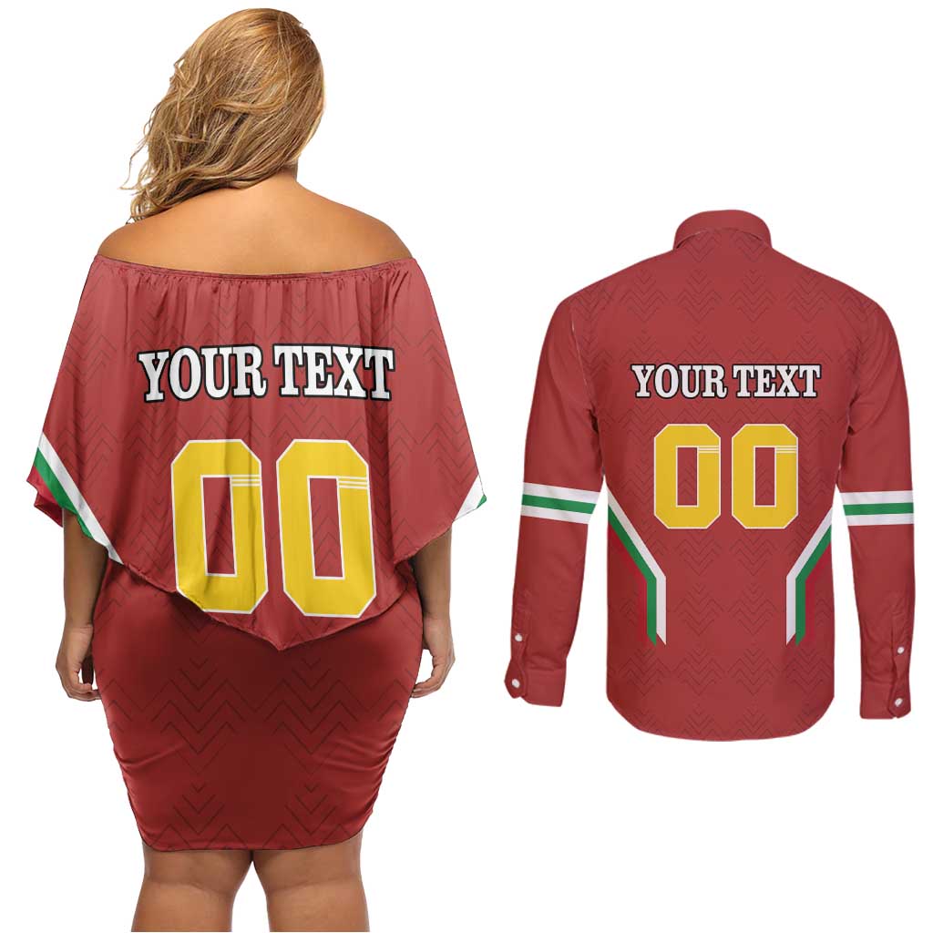 Custom Bulgaria Football Couples Matching Off Shoulder Short Dress and Long Sleeve Button Shirt The Lions Come Champions Red Version