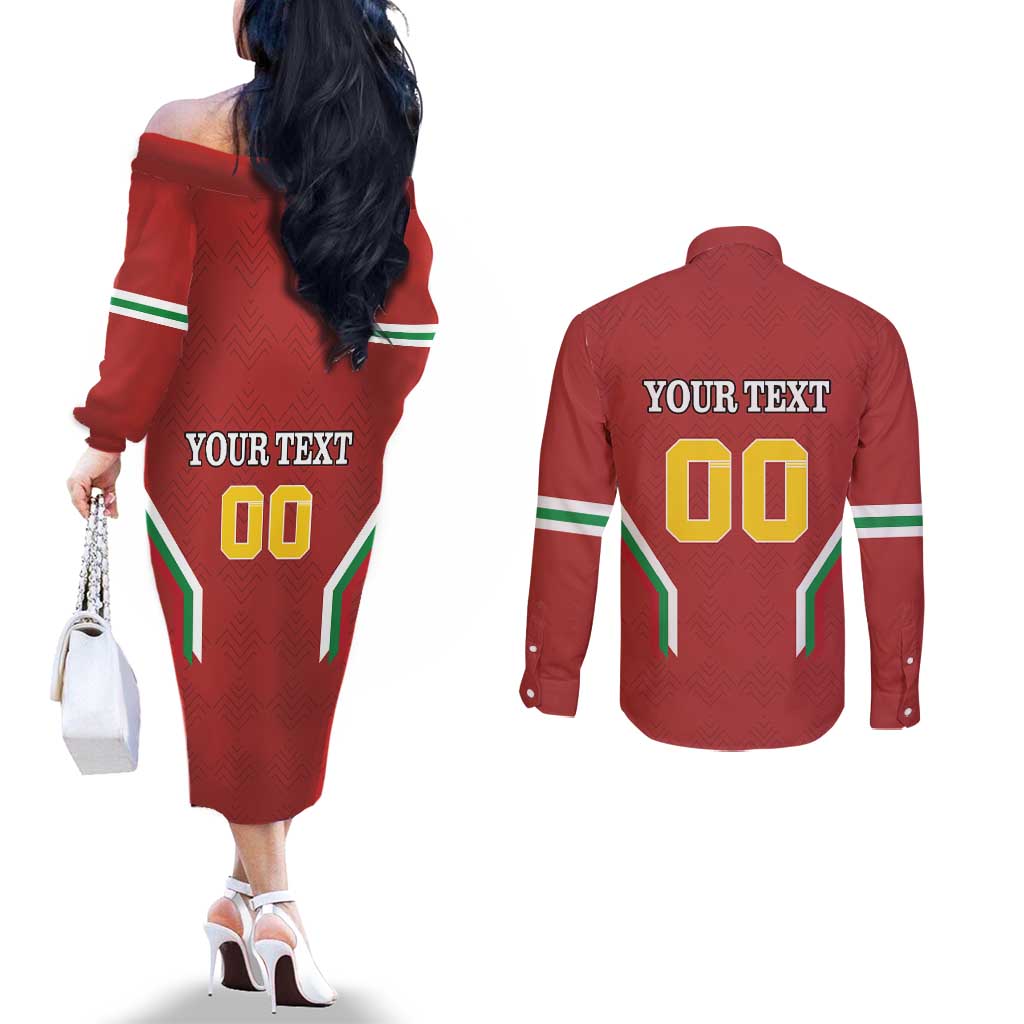 Custom Bulgaria Football Couples Matching Off The Shoulder Long Sleeve Dress and Long Sleeve Button Shirt The Lions Come Champions Red Version