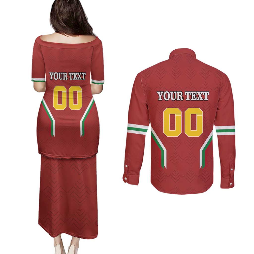 Custom Bulgaria Football Couples Matching Puletasi and Long Sleeve Button Shirt The Lions Come Champions Red Version