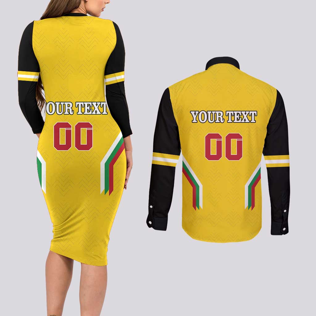Custom Bulgaria Football Couples Matching Long Sleeve Bodycon Dress and Long Sleeve Button Shirt The Lions Come Champions Yellow Version