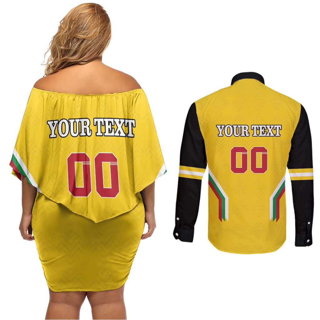 Custom Bulgaria Football Couples Matching Off Shoulder Short Dress and Long Sleeve Button Shirt The Lions Come Champions Yellow Version