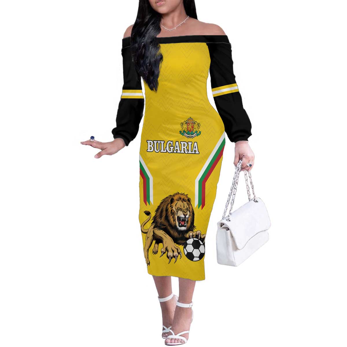 Custom Bulgaria Football Family Matching Off The Shoulder Long Sleeve Dress and Hawaiian Shirt The Lions Come Champions Yellow Version