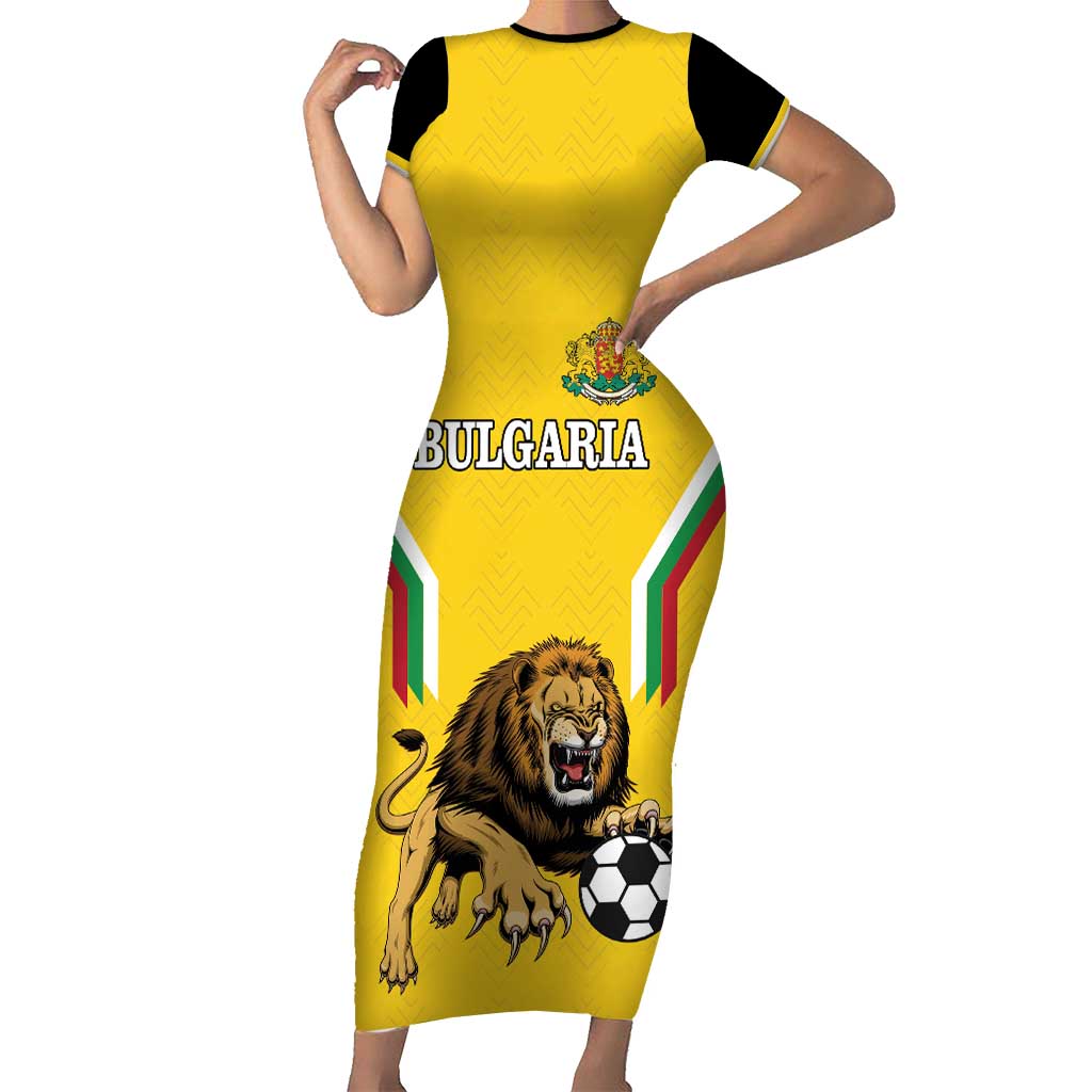 Custom Bulgaria Football Family Matching Short Sleeve Bodycon Dress and Hawaiian Shirt The Lions Come Champions Yellow Version