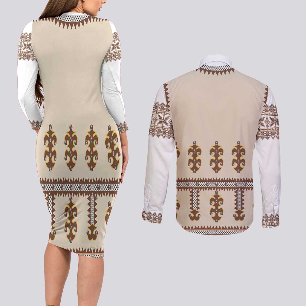 Hutsul Keptar Ukraine Couples Matching Long Sleeve Bodycon Dress and Long Sleeve Button Shirt Carpathian Folk Embroidery Heritage Style - Wonder Print Shop