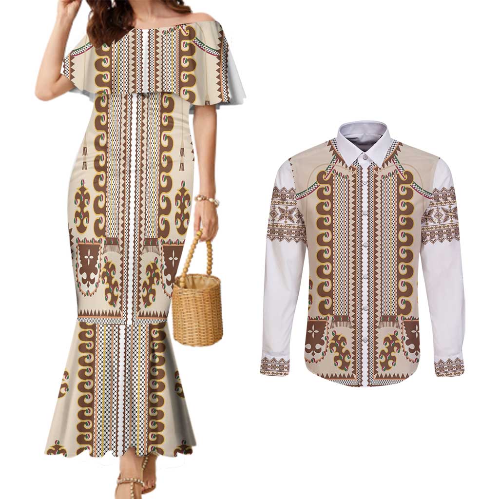 Hutsul Keptar Ukraine Couples Matching Mermaid Dress and Long Sleeve Button Shirt Carpathian Folk Embroidery Heritage Style - Wonder Print Shop