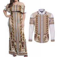 Hutsul Keptar Ukraine Couples Matching Off Shoulder Maxi Dress and Long Sleeve Button Shirt Carpathian Folk Embroidery Heritage Style - Wonder Print Shop