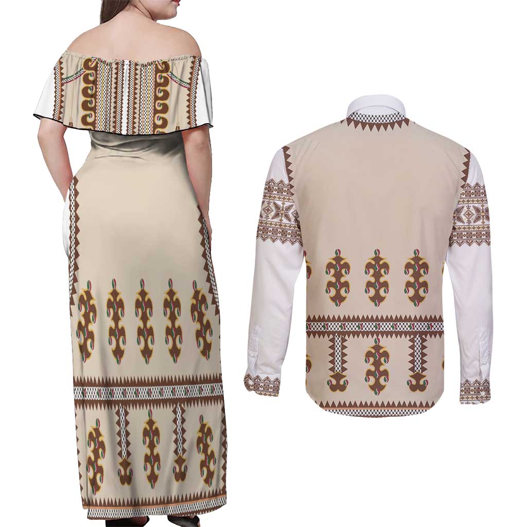 Hutsul Keptar Ukraine Couples Matching Off Shoulder Maxi Dress and Long Sleeve Button Shirt Carpathian Folk Embroidery Heritage Style - Wonder Print Shop