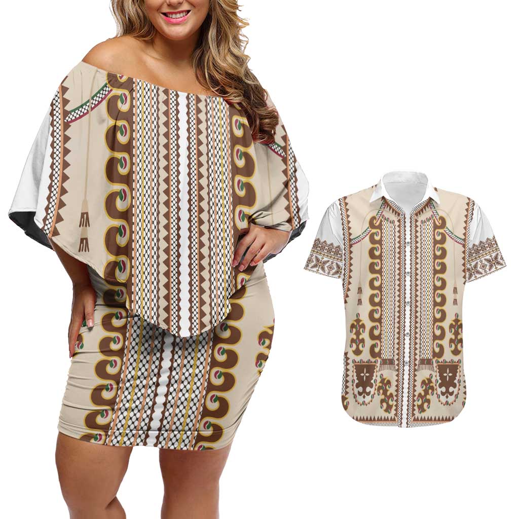 Hutsul Keptar Ukraine Couples Matching Off Shoulder Short Dress and Hawaiian Shirt Carpathian Folk Embroidery Heritage Style - Wonder Print Shop