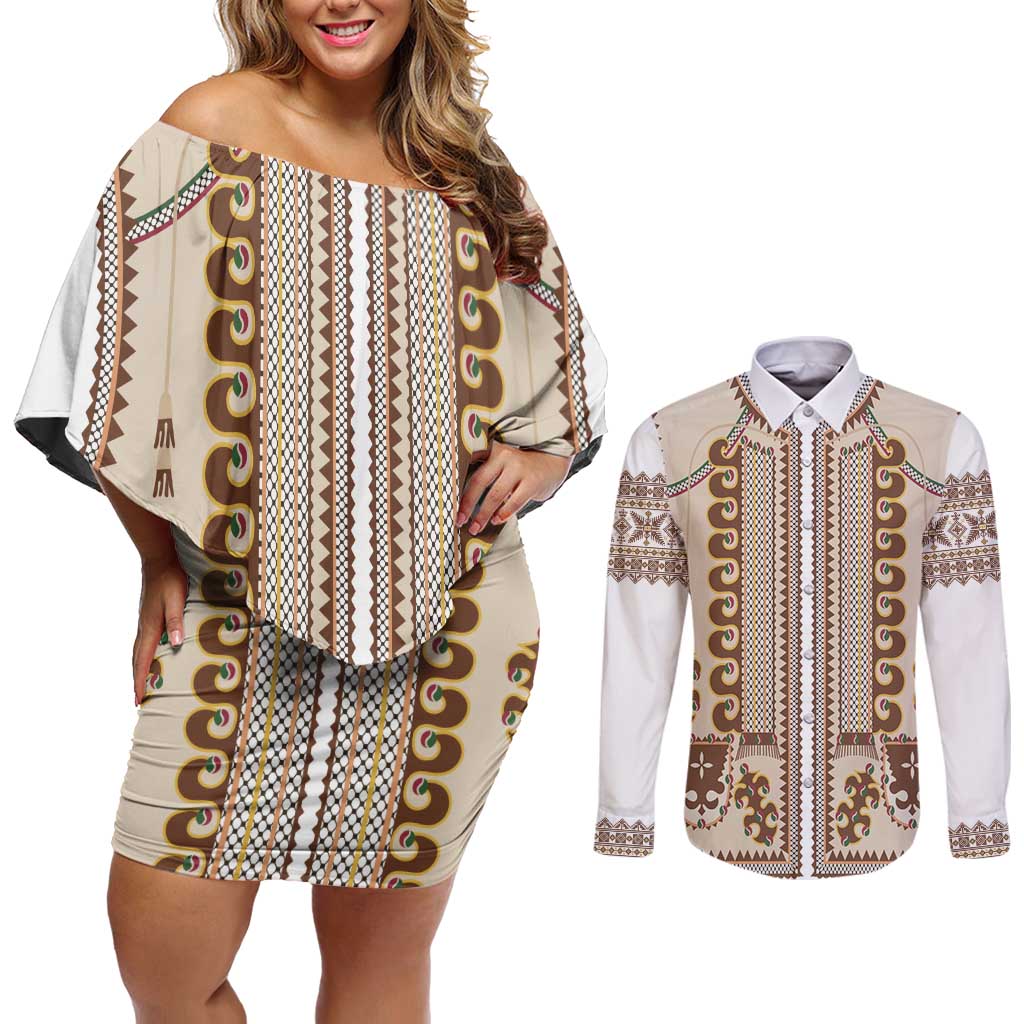 Hutsul Keptar Ukraine Couples Matching Off Shoulder Short Dress and Long Sleeve Button Shirt Carpathian Folk Embroidery Heritage Style - Wonder Print Shop