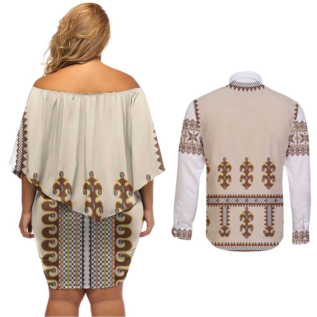 Hutsul Keptar Ukraine Couples Matching Off Shoulder Short Dress and Long Sleeve Button Shirt Carpathian Folk Embroidery Heritage Style - Wonder Print Shop