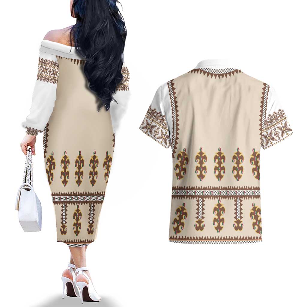 Hutsul Keptar Ukraine Couples Matching Off The Shoulder Long Sleeve Dress and Hawaiian Shirt Carpathian Folk Embroidery Heritage Style - Wonder Print Shop