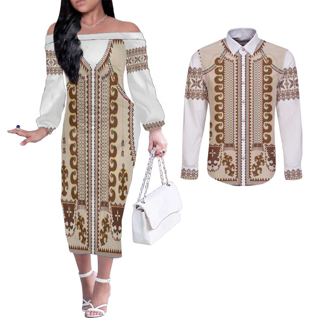 Hutsul Keptar Ukraine Couples Matching Off The Shoulder Long Sleeve Dress and Long Sleeve Button Shirt Carpathian Folk Embroidery Heritage Style - Wonder Print Shop