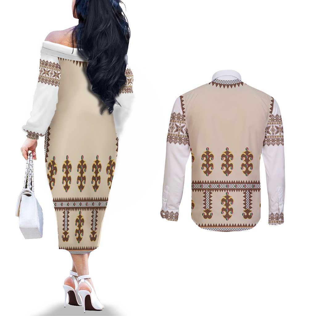 Hutsul Keptar Ukraine Couples Matching Off The Shoulder Long Sleeve Dress and Long Sleeve Button Shirt Carpathian Folk Embroidery Heritage Style - Wonder Print Shop
