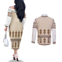 Hutsul Keptar Ukraine Couples Matching Off The Shoulder Long Sleeve Dress and Long Sleeve Button Shirt Carpathian Folk Embroidery Heritage Style - Wonder Print Shop