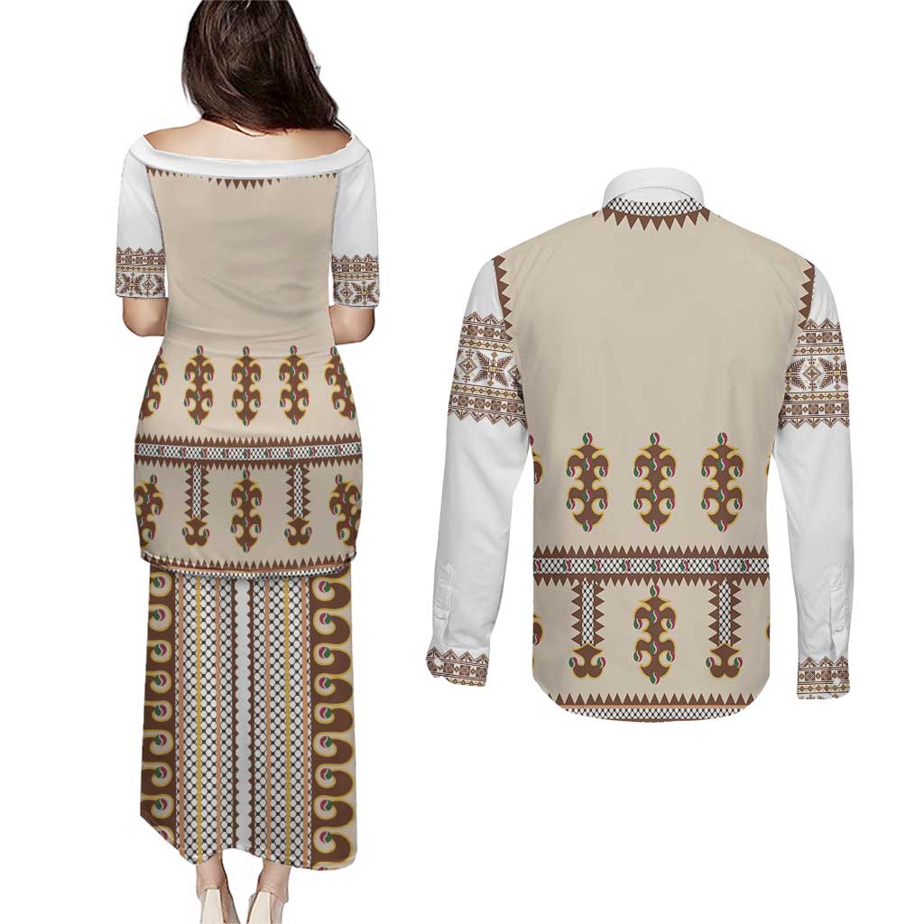 Hutsul Keptar Ukraine Couples Matching Puletasi and Long Sleeve Button Shirt Carpathian Folk Embroidery Heritage Style - Wonder Print Shop