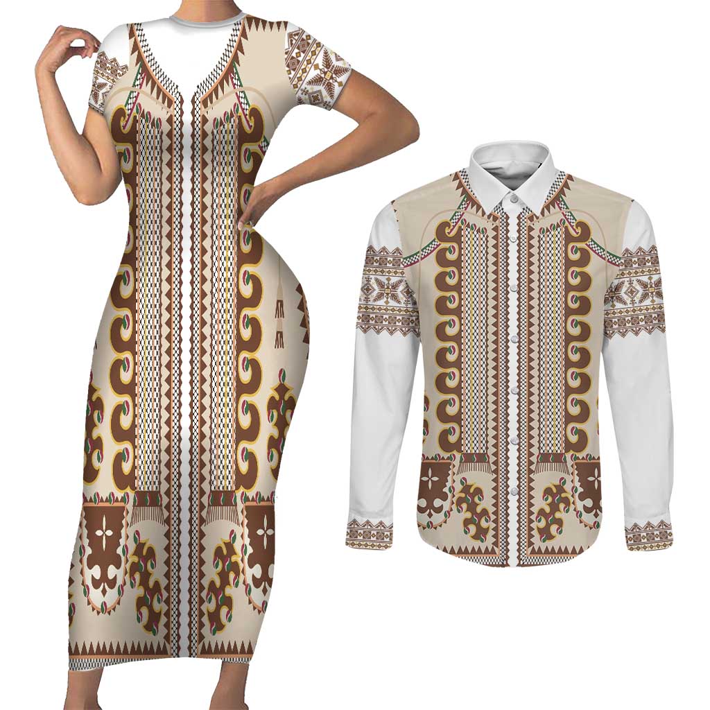 Hutsul Keptar Ukraine Couples Matching Short Sleeve Bodycon Dress and Long Sleeve Button Shirt Carpathian Folk Embroidery Heritage Style - Wonder Print Shop