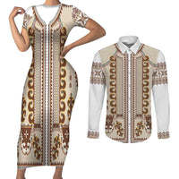 Hutsul Keptar Ukraine Couples Matching Short Sleeve Bodycon Dress and Long Sleeve Button Shirt Carpathian Folk Embroidery Heritage Style - Wonder Print Shop