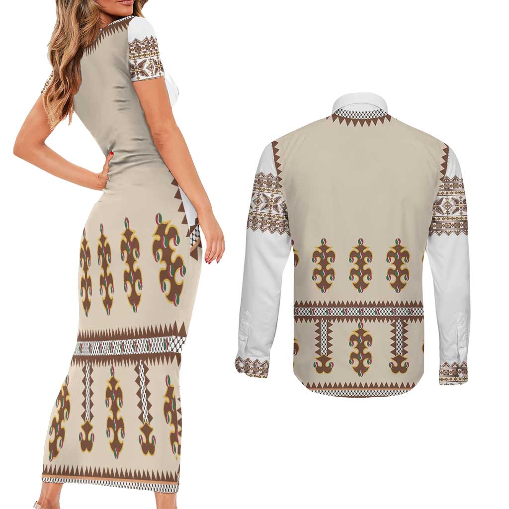 Hutsul Keptar Ukraine Couples Matching Short Sleeve Bodycon Dress and Long Sleeve Button Shirt Carpathian Folk Embroidery Heritage Style - Wonder Print Shop