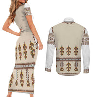 Hutsul Keptar Ukraine Couples Matching Short Sleeve Bodycon Dress and Long Sleeve Button Shirt Carpathian Folk Embroidery Heritage Style - Wonder Print Shop