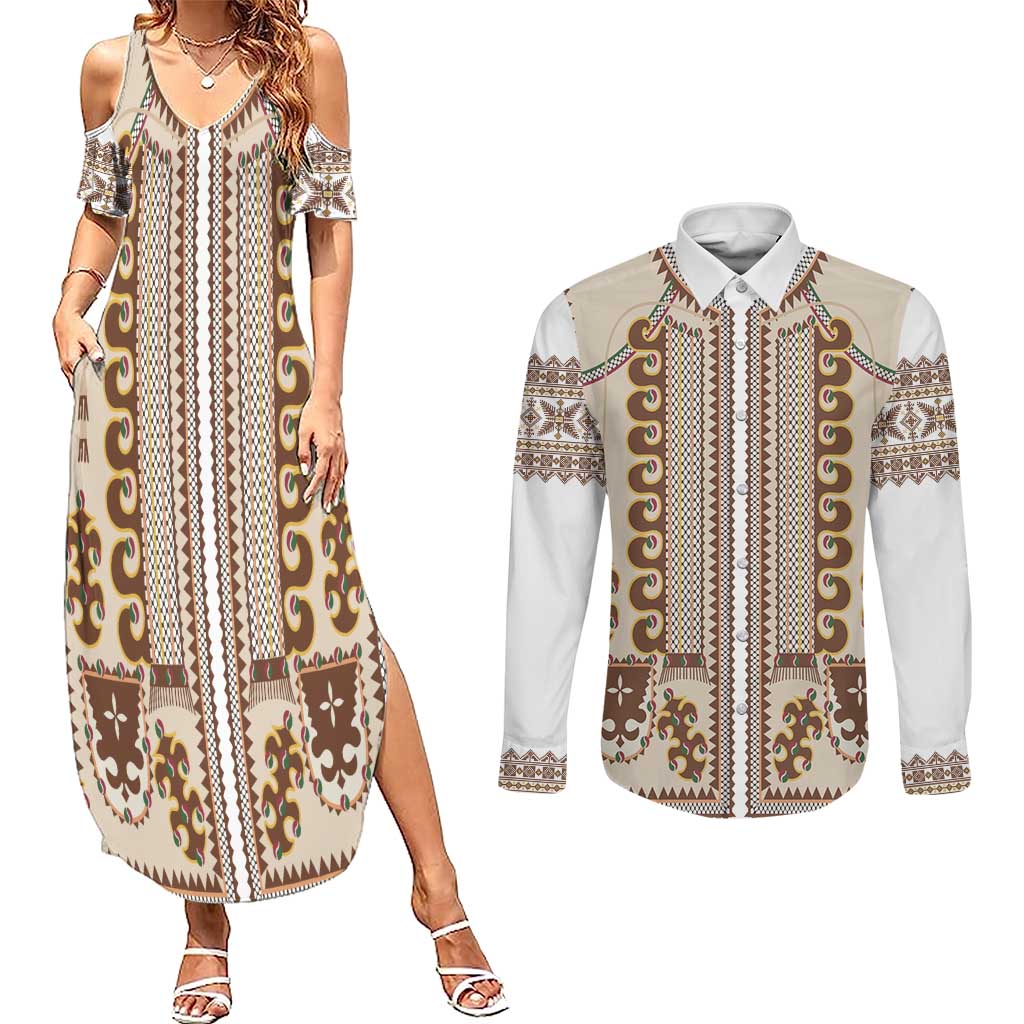 Hutsul Keptar Ukraine Couples Matching Summer Maxi Dress and Long Sleeve Button Shirt Carpathian Folk Embroidery Heritage Style - Wonder Print Shop