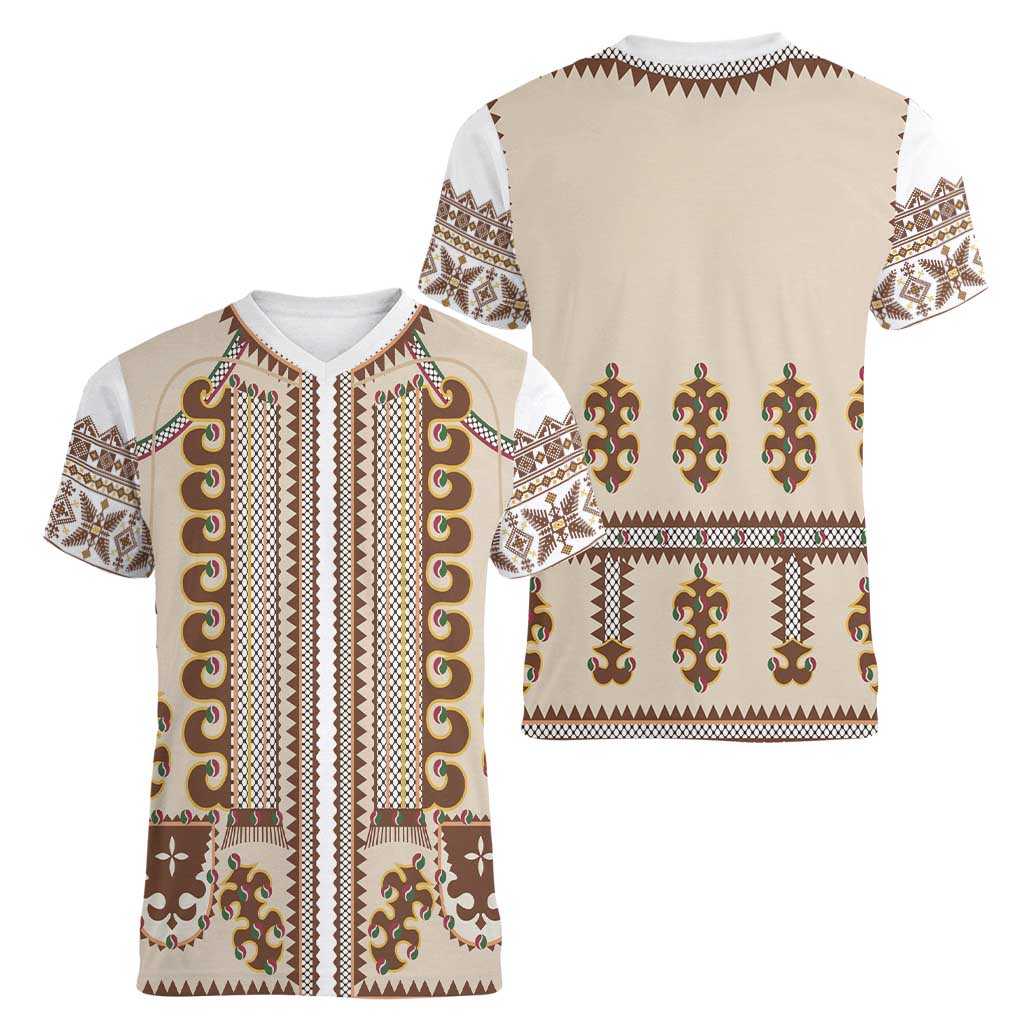 Hutsul Keptar Ukraine Women V-Neck T-Shirt Carpathian Folk Embroidery Heritage Style - Wonder Print Shop