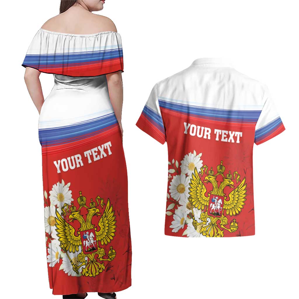 Personalized Russia Couples Matching Off Shoulder Maxi Dress and Hawaiian Shirt Coat Of Arms With Chamomile Flower