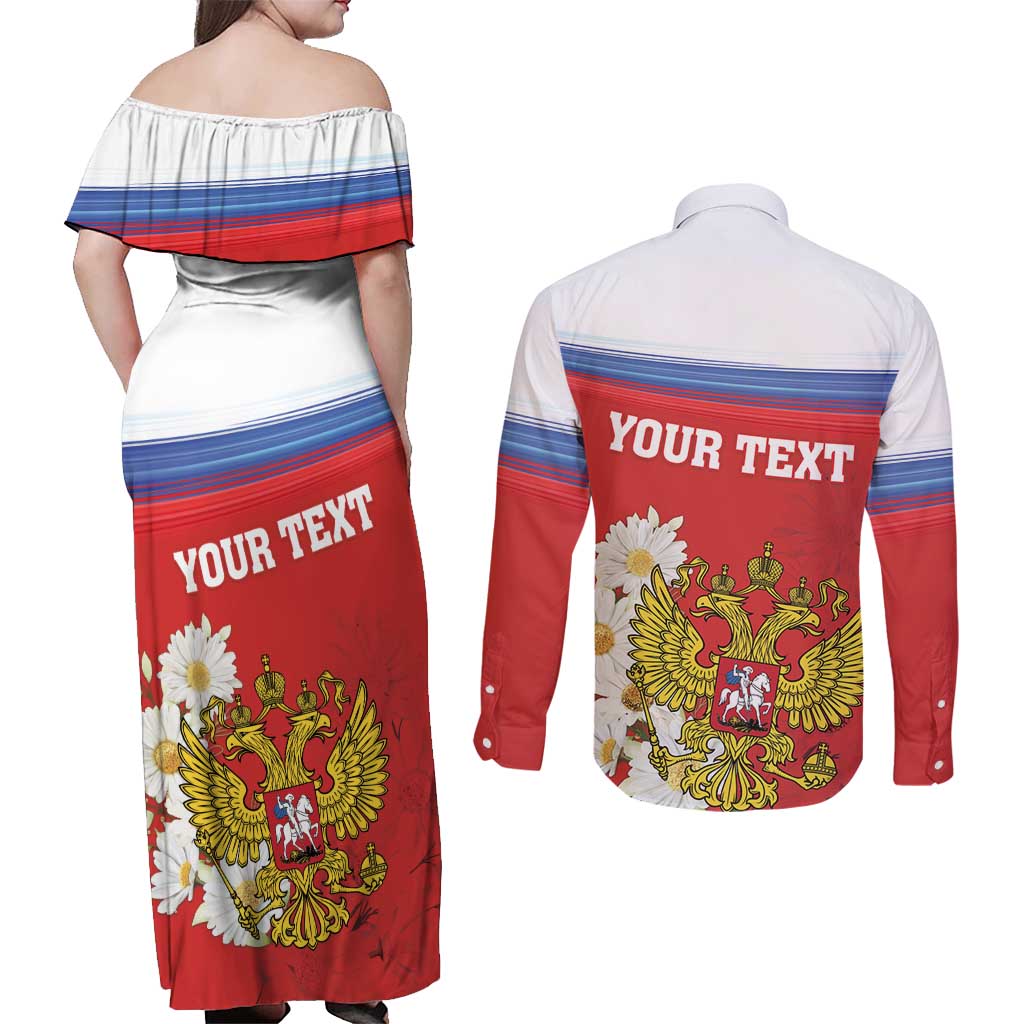 Personalized Russia Couples Matching Off Shoulder Maxi Dress and Long Sleeve Button Shirt Coat Of Arms With Chamomile Flower