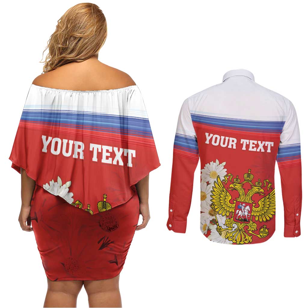 Personalized Russia Couples Matching Off Shoulder Short Dress and Long Sleeve Button Shirt Coat Of Arms With Chamomile Flower