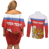 Personalized Russia Couples Matching Off Shoulder Short Dress and Long Sleeve Button Shirt Coat Of Arms With Chamomile Flower