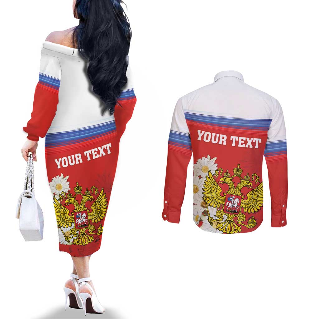 Personalized Russia Couples Matching Off The Shoulder Long Sleeve Dress and Long Sleeve Button Shirt Coat Of Arms With Chamomile Flower