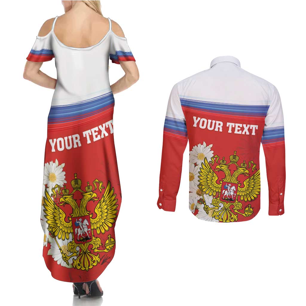Personalized Russia Couples Matching Summer Maxi Dress and Long Sleeve Button Shirt Coat Of Arms With Chamomile Flower
