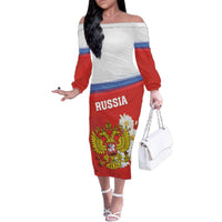 Personalized Russia Family Matching Off The Shoulder Long Sleeve Dress and Hawaiian Shirt Coat Of Arms With Chamomile Flower