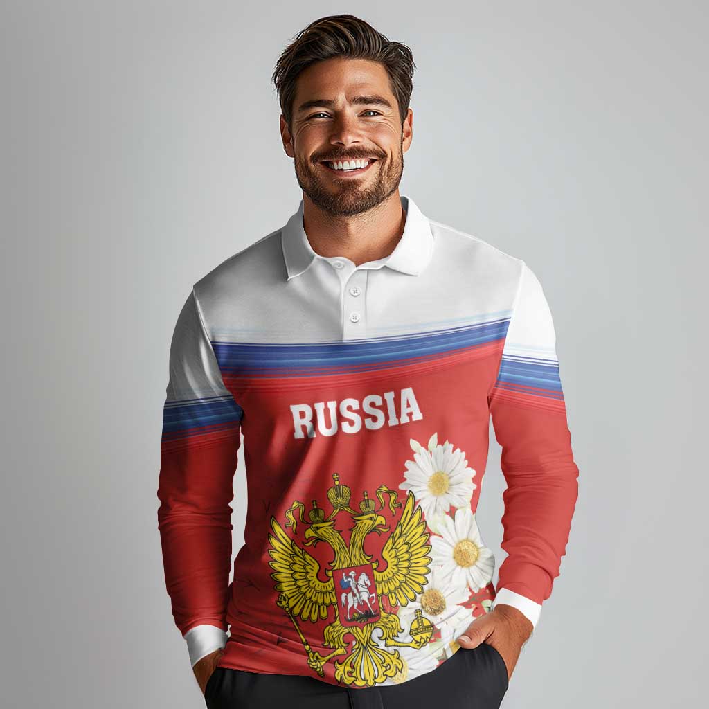 Personalized Russia Long Sleeve Polo Shirt Coat Of Arms With Chamomile Flower