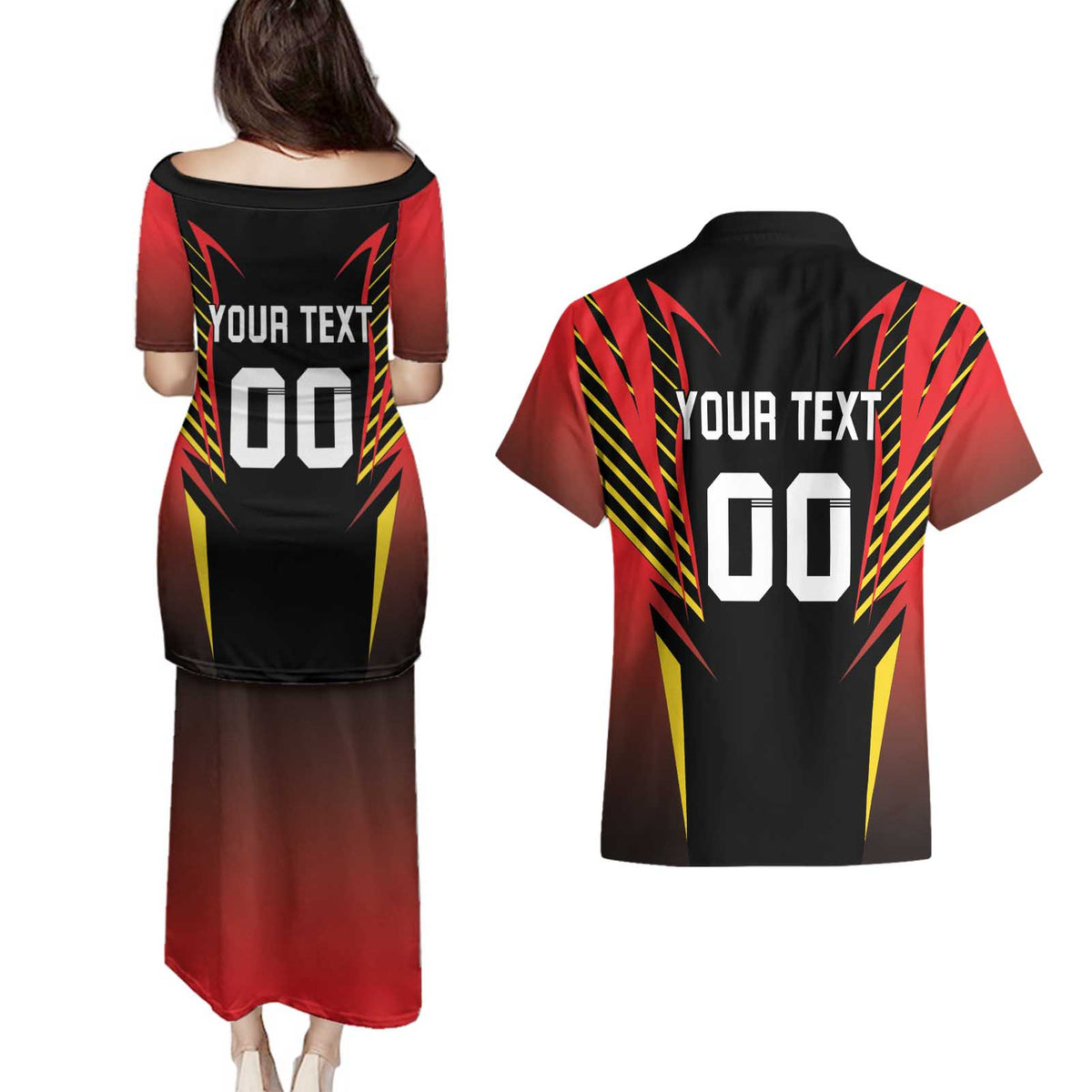 Custom Belgium Football Couples Matching Puletasi and Hawaiian Shirt Les Diables rouges Devil Mascot