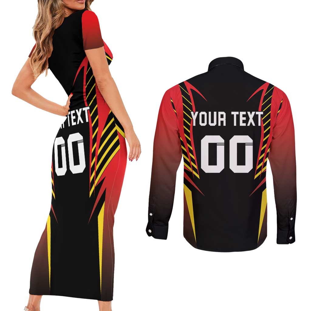 Custom Belgium Football Couples Matching Short Sleeve Bodycon Dress and Long Sleeve Button Shirt Les Diables rouges Devil Mascot