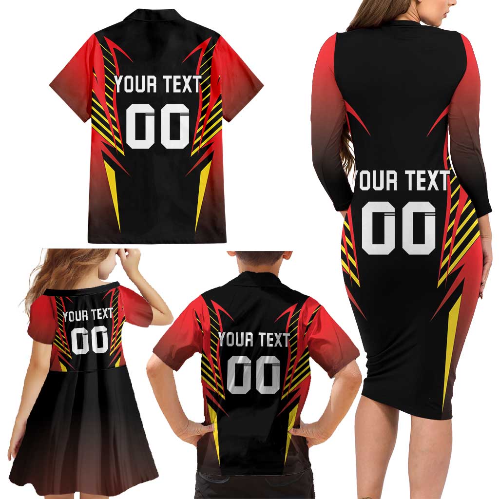 Custom Belgium Football Family Matching Long Sleeve Bodycon Dress and Hawaiian Shirt Les Diables rouges Devil Mascot