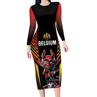 Custom Belgium Football Family Matching Long Sleeve Bodycon Dress and Hawaiian Shirt Les Diables rouges Devil Mascot