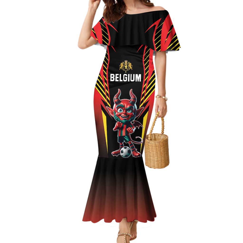 Custom Belgium Football Family Matching Mermaid Dress and Hawaiian Shirt Les Diables rouges Devil Mascot