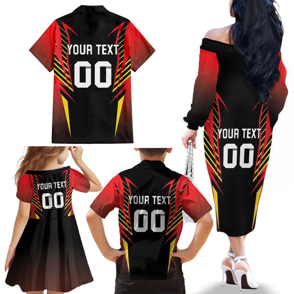 Custom Belgium Football Family Matching Off The Shoulder Long Sleeve Dress and Hawaiian Shirt Les Diables rouges Devil Mascot