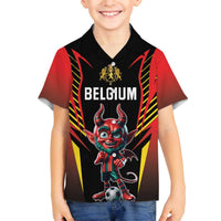 Custom Belgium Football Family Matching Off The Shoulder Long Sleeve Dress and Hawaiian Shirt Les Diables rouges Devil Mascot