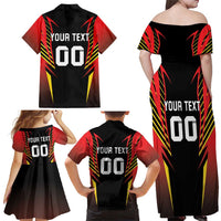 Custom Belgium Football Family Matching Off Shoulder Maxi Dress and Hawaiian Shirt Les Diables rouges Devil Mascot