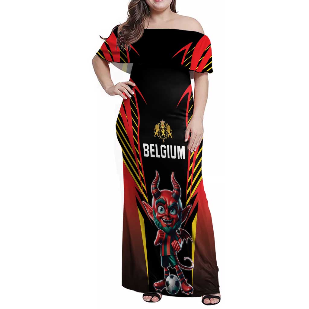 Custom Belgium Football Family Matching Off Shoulder Maxi Dress and Hawaiian Shirt Les Diables rouges Devil Mascot